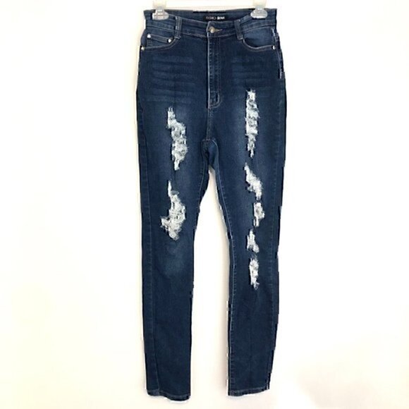 FASHION NOVA Dark Wash Ripped Rips Distressed High Waisted Skinny Jeans JUNIORS - Picture 2 of 12